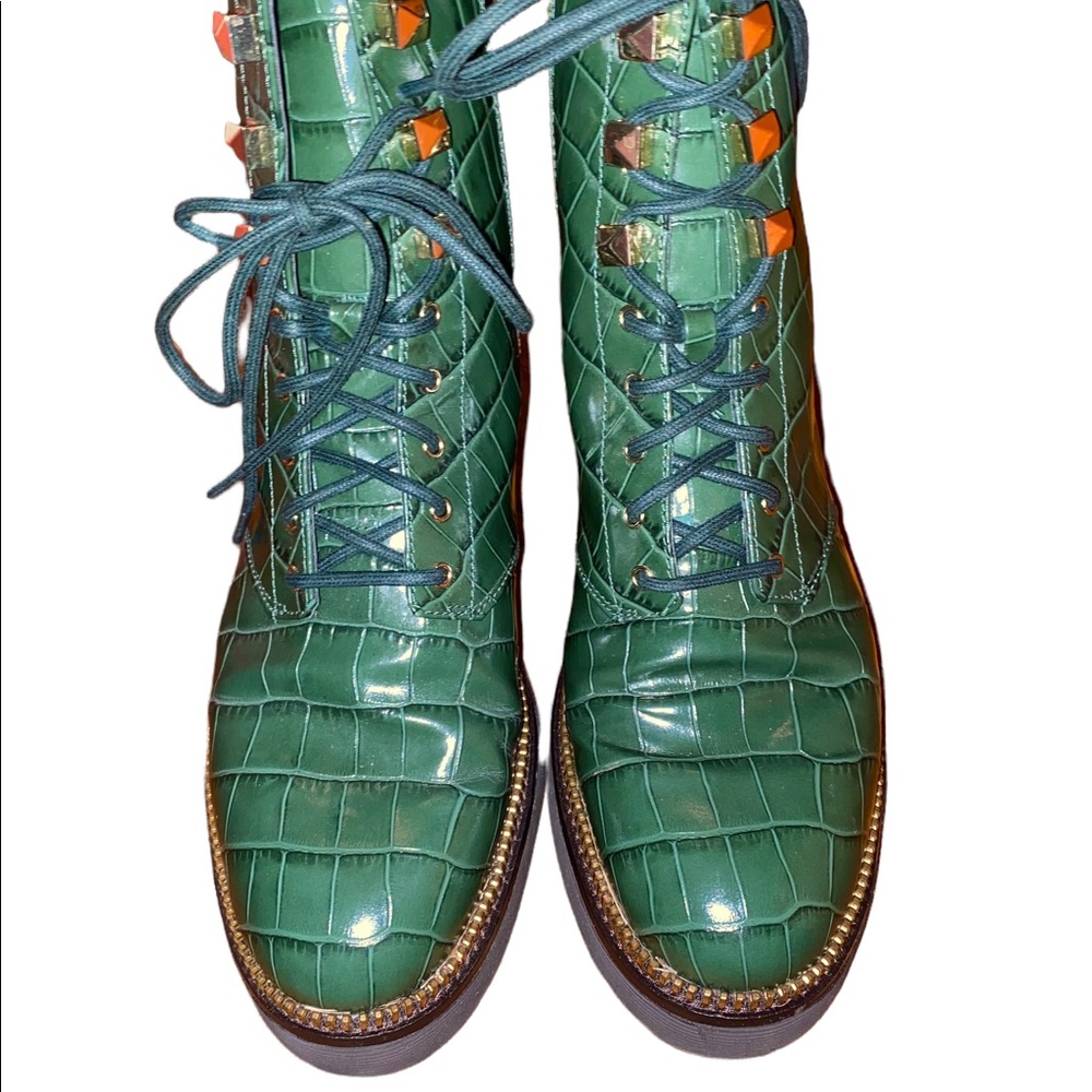 Michael Kors Haskell croc embossed leather bootie, combat boots, moss green, 9.5 - Picture 6 of 15